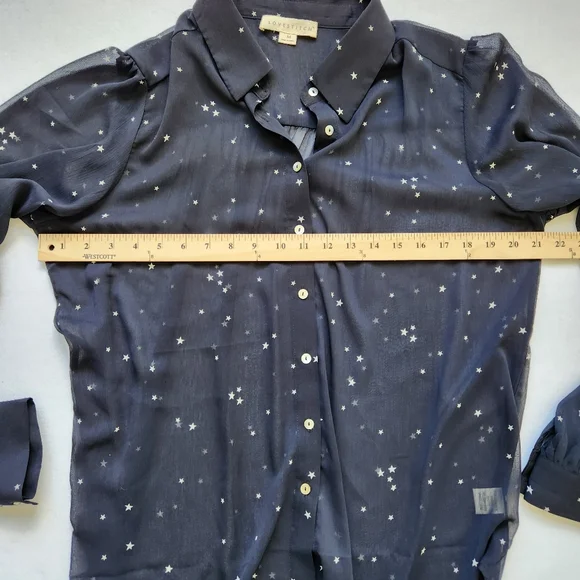 Lovestitch Star Print Black White Long Sleeve Sheer Blouse Top Button Medium - Picture 13 of 15